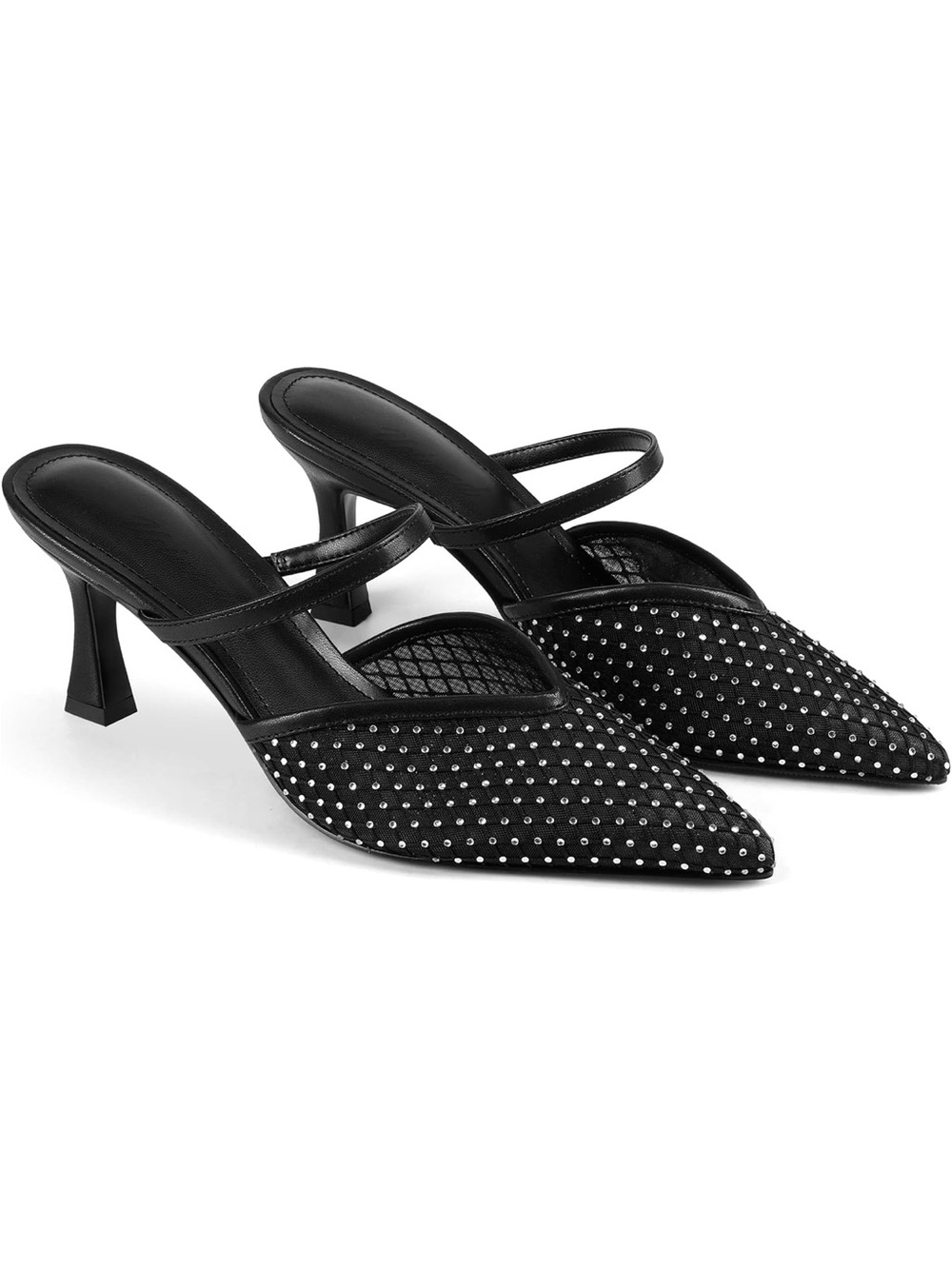 Usimad Black Studded Pointed-Toe Kitten Heel Mules